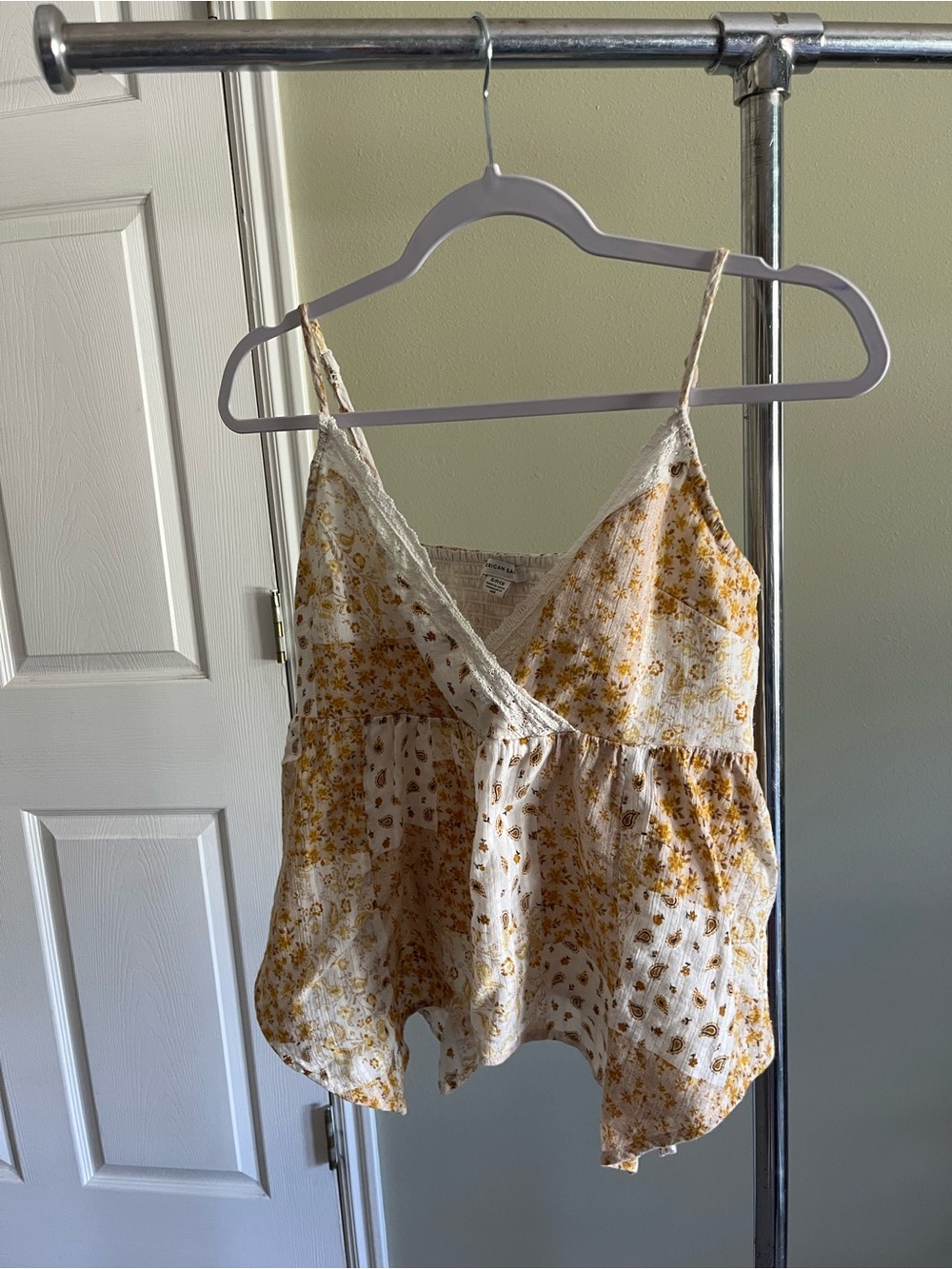 American Eagle Outfitters Cream and Yellow Floral Lace-Trim Camisole